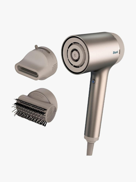 Shark HD112BRN Hair Blow Dryer in silver with two attachments on gray background