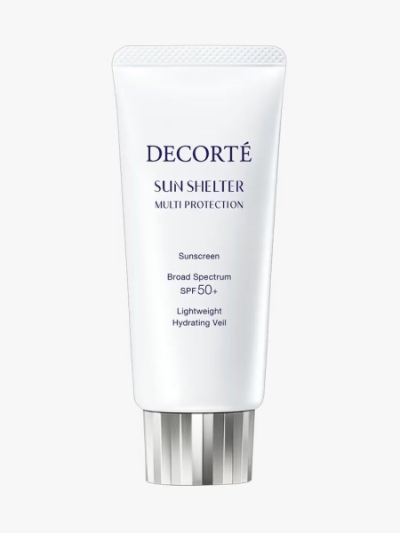Decorté Sun Shelter Multi Protection Sunscreen Broad Spectrum SPF 50+ in branded tube component on a light gray background
