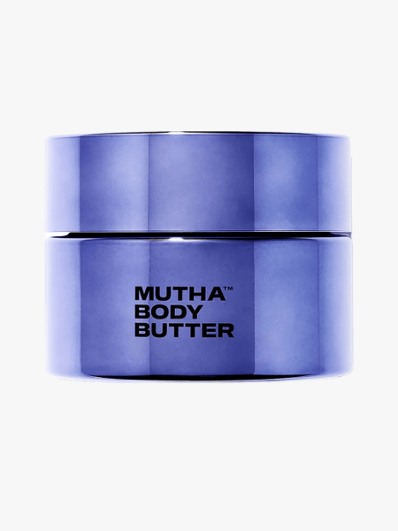 Mutha Body Butter in bright purple jar on a light gray background